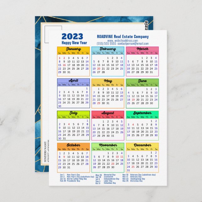 2023 Kalender - Modern Geometric Blue Business Vykort (Fram/baksida)