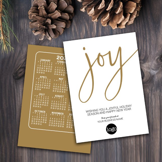 2023 Kalenderjobb - Guld White - Business Logotyp Julkort (Business Holiday Card with a Calendar and Logo)