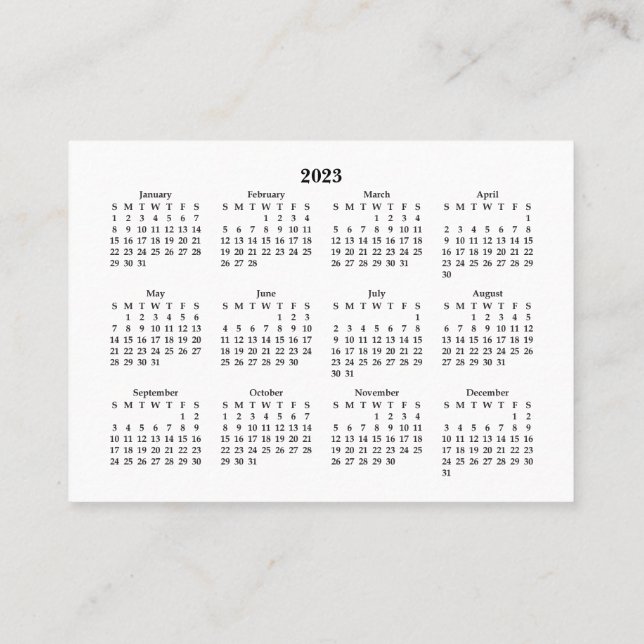 2023 Mini Calendar SÖNDAG Start White Visitkort (Baksida)