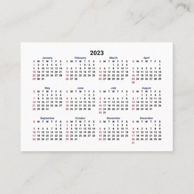2023 Mini Calendar SÖNDAG Starta San Serif-teckens Visitkort (Baksida)