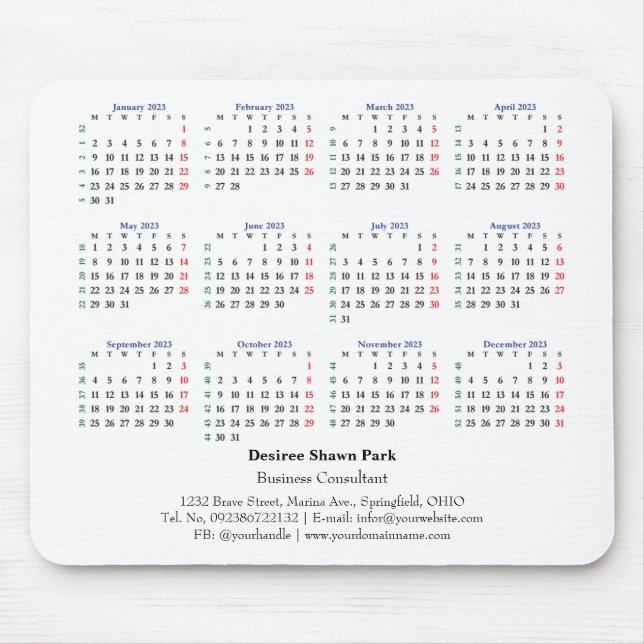 2023 Mini-kalender Måndag ISO Vit vecka Musmatta (Framsidan)