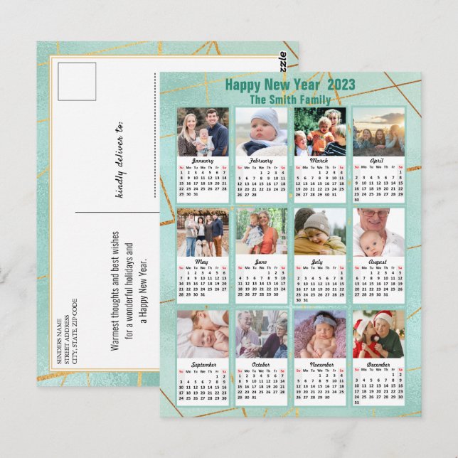 2023 Mint Grönt Modern Family 12 Fotokalender Vykort (Fram/baksida)