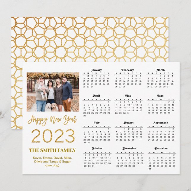 2023 Modern fotokalender för skript i Guld Glitter Julkort (Fram/baksida)