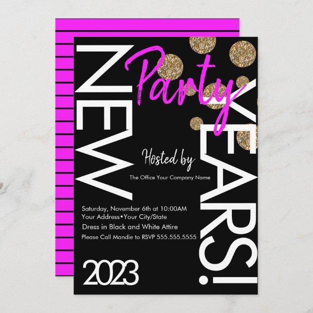 2023 Neon New Years Party Rosa White Typography Inbjudningar (Fram/baksida)