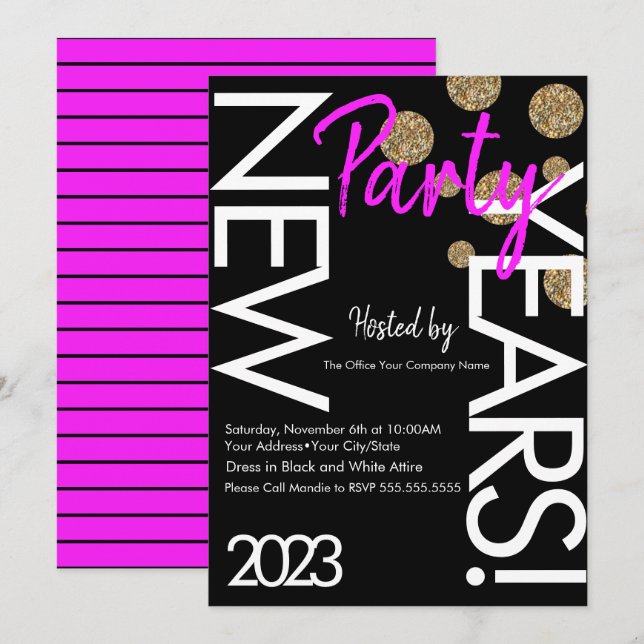 2023 Neon Nyårsfest Rosa Vit Typografi  Inbjudningar (Fram/baksida)