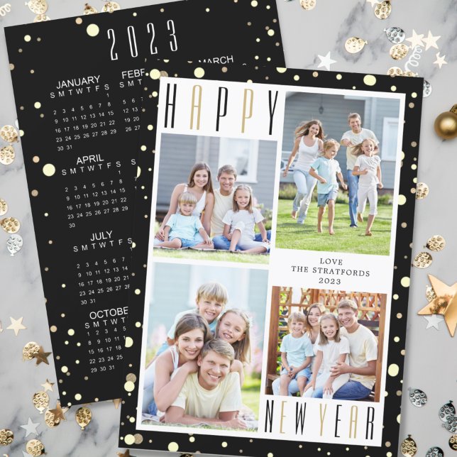 2023 NEW YEAR Calendar Black Guld 4 Photo Collage Julkort (Skapare uppladdad)