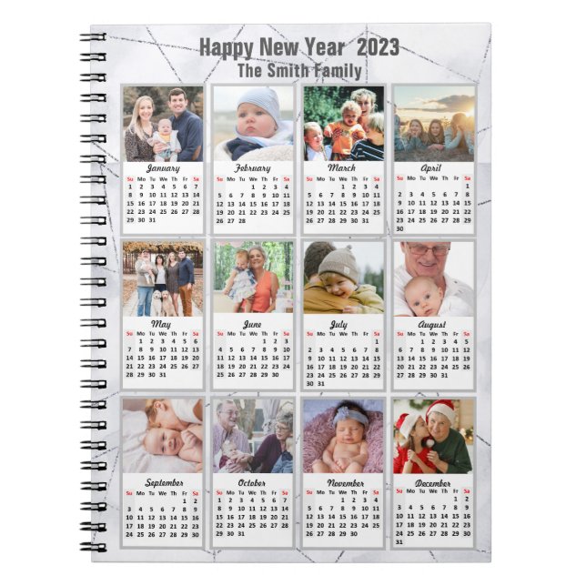 2023 Silver Modern Family 12 Photo Calendar Anteckningsbok (Framsidan)