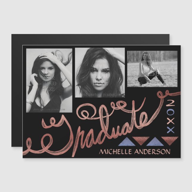 2023 Studenten Faux Ro Guld Photo Collage Magnetisk Inbjudningskort (Fram/baksida)