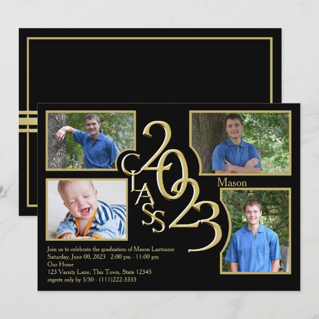 2023 Studenten-klass av Quad Photo Black Inbjudningar (Fram/baksida)