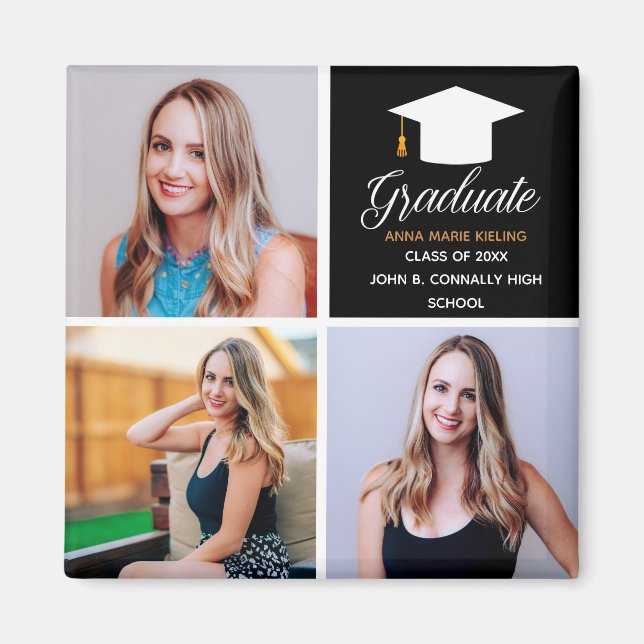 2023 Studenten Senior Photo Collage Black Guld Magnet (Framsidan)