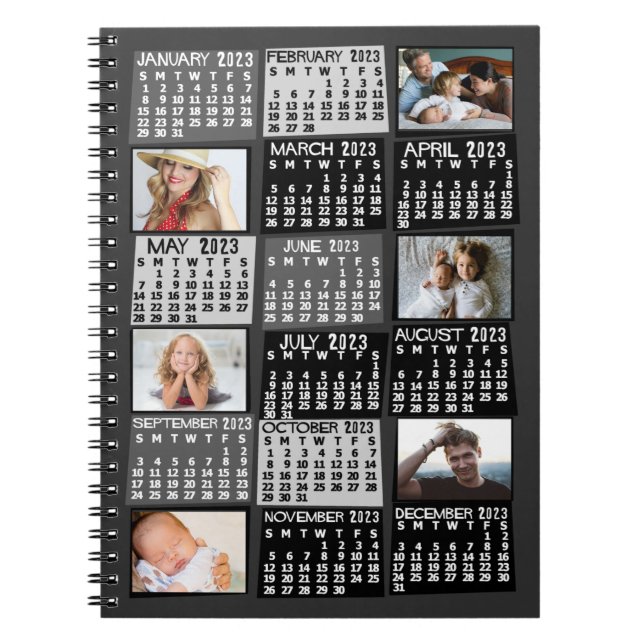 2023 Svart månadskalender Mod 6 Fotokollage Anteckningsbok (Framsidan)