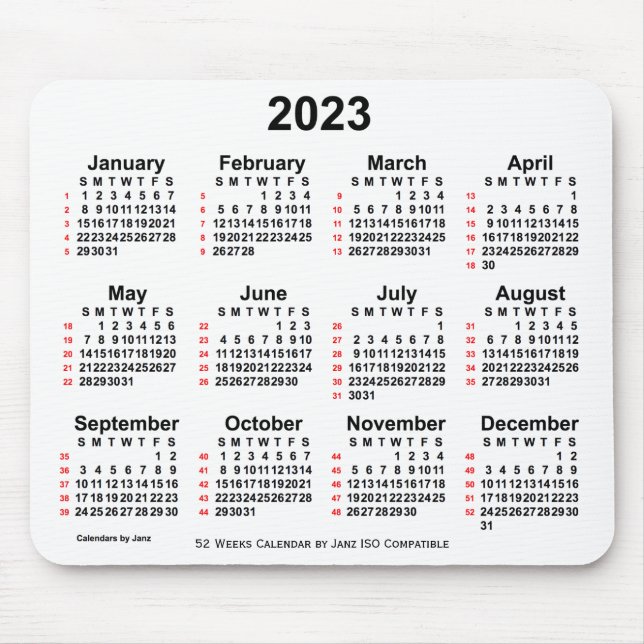 2023 Vit 52 veckor ISO-kalender från Janz Musmatta (Framsidan)