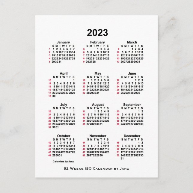 2023 Vit 52-veckors ISO-kalender från Janz Postcar Vykort (Framsida)