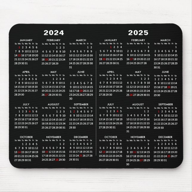 2024 - 2025 Calendar Simple Black med amerikanska  Musmatta (Framsidan)