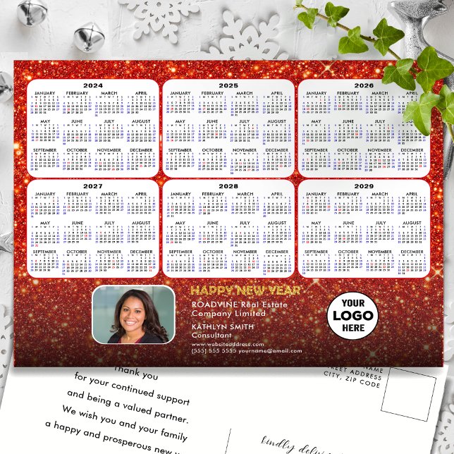 2024-2029 Calendar Modern Red Glitter Corporate Helg Vykort (Skapare uppladdad)