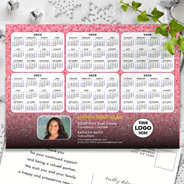 2024-2029 Calendar Modern Rosa Glitter Corporate Helg Vykort (Skapare uppladdad)