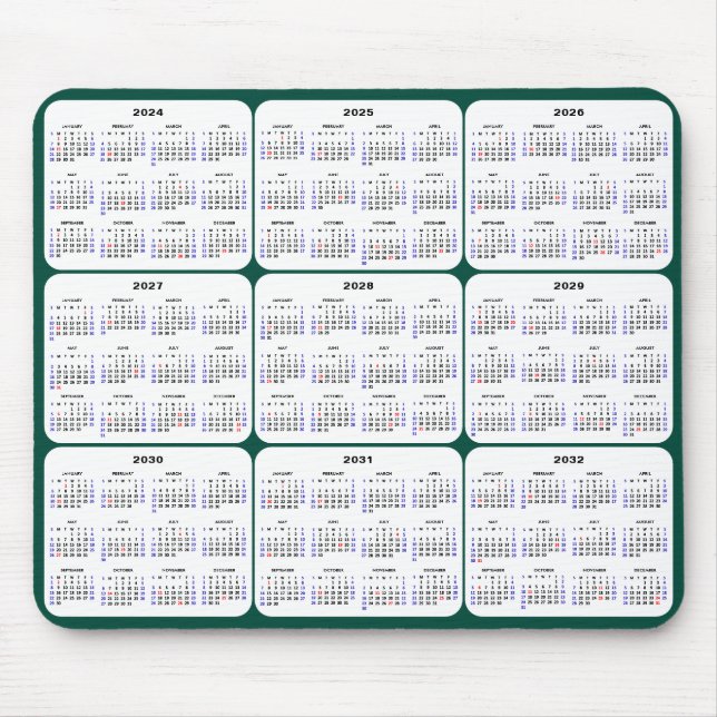2024-2032 Kalender med amerikanska Helgdagar Mörk  Musmatta (Framsidan)