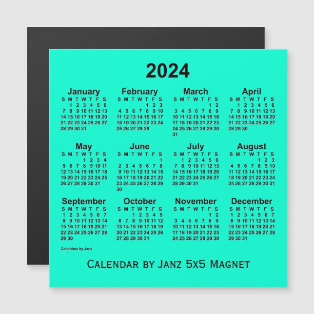 2024 års Aquamarine-kalender från Janz 5x5 Magnet (Fram/baksida)