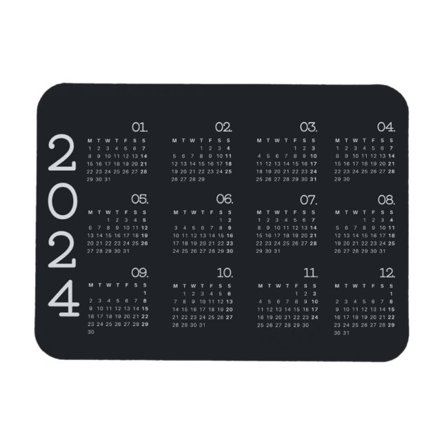 2024 års Fullt - kalender svartvitt Elegant Magnet (Horisontell)