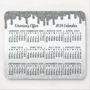 2024 års kalender Faux Silver Glitter Drips Namn Musmatta
