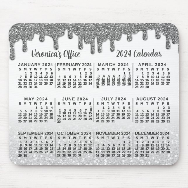 2024 års kalender Faux Silver Glitter Drips Namn Musmatta (Framsidan)