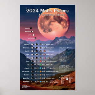 2024 års kalender för Måne-faser, astronomi Poster