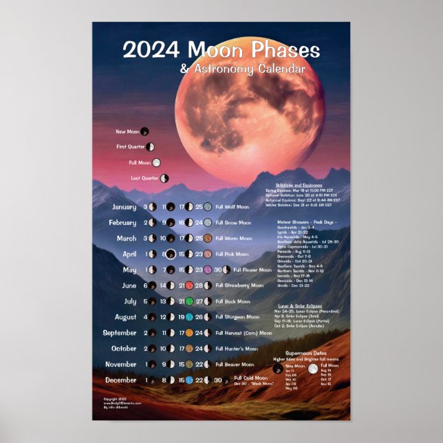 2024 års kalender för Måne-faser, astronomi Poster (Framsidan)