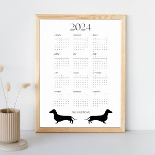 2024 års kalender för svartvita Dachshund Poster
