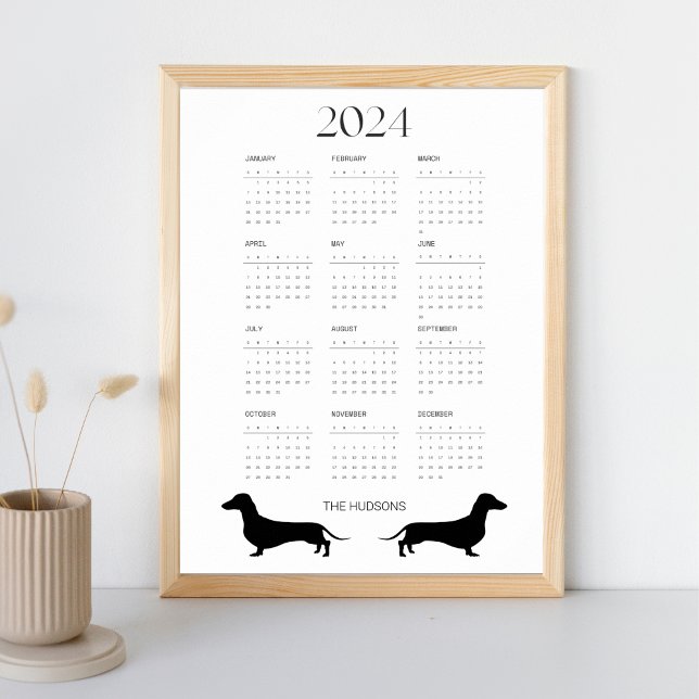 2024 års kalender för svartvita Dachshund Poster (Skapare uppladdad)