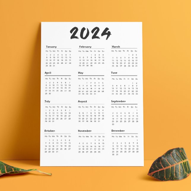 2024 års kalender - svart och vit minimalistisk i  program (2024 Full Year Calendar Black And White Minimalist Program)