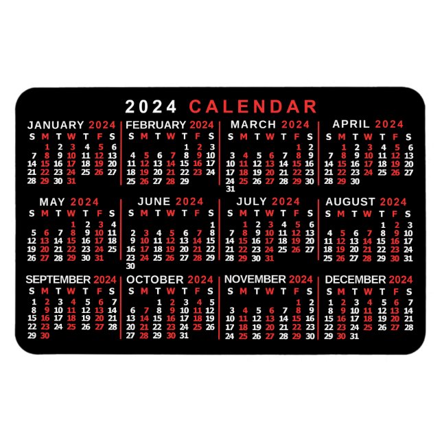 2024 års månadskalender Classic Black White Magnet (Horisontell)