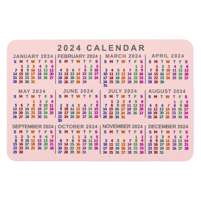 2024 års månadskalender  Rosa färgstark Magnet (Horisontell)