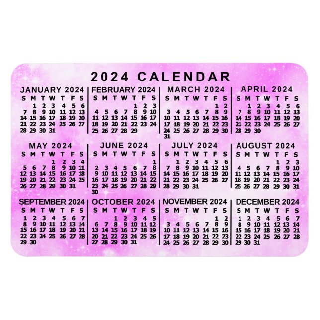 2024 års månadskalender Rosa - vattenfärgsstjärnor Magnet (Horisontell)