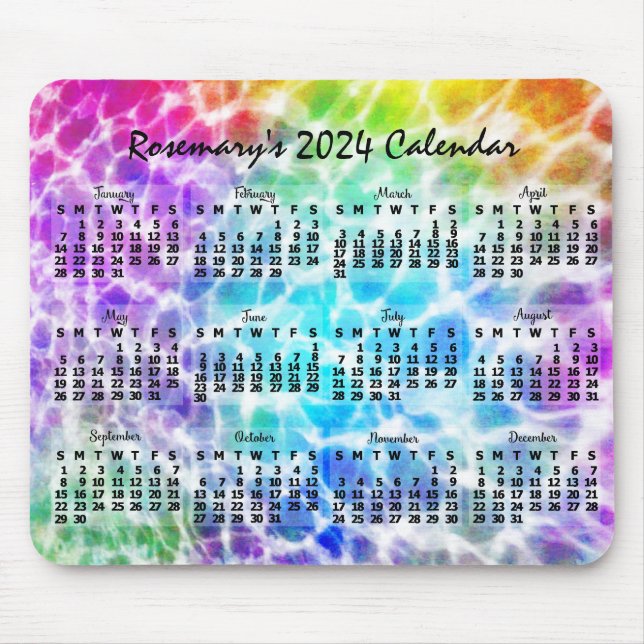 2024 års månadskalender Tiedye Hippie Rainbow Musmatta (Framsidan)