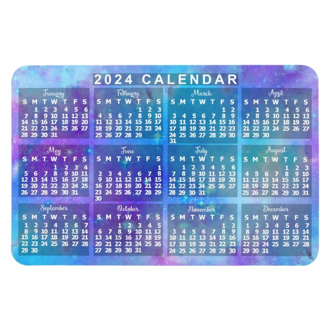 2024 års månatliga kalender - blå vattenfärgsstjär magnet (Horisontell)