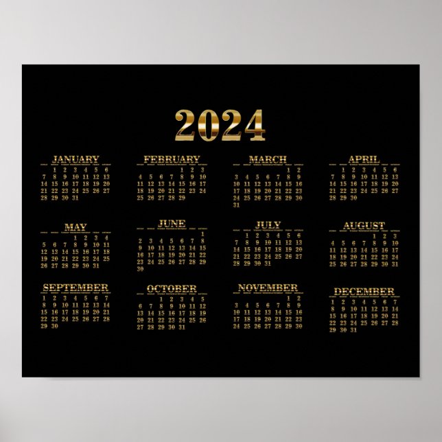 2024 års väggkalender svart/Guld Poster (Framsidan)