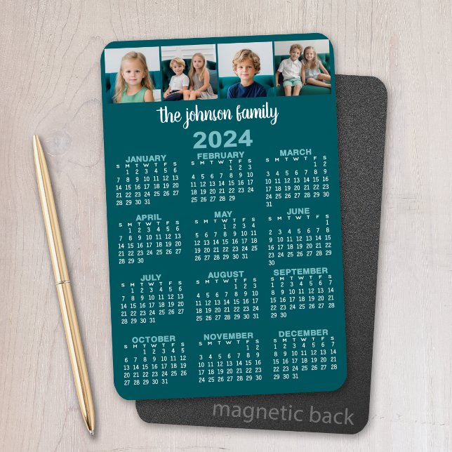 2024 års visningskalender för Fullt med 4 foton Magnet (2024 Calendar Magnet - Add Your Photos)