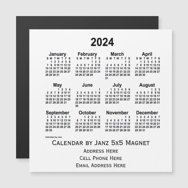 2024 års vita affärskalender från Janz 5x5 Magnet (Fram/baksida)