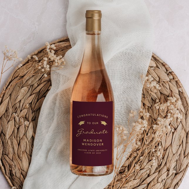 2024 Burgundy Guld-skriptsockel Studenten Vinflaska Etikett (Skapare uppladdad)