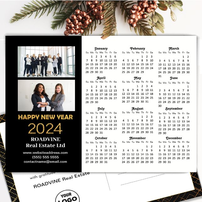 2024 Business 2 Photo Modern Guld Black Calendar Helg Vykort (Skapare uppladdad)