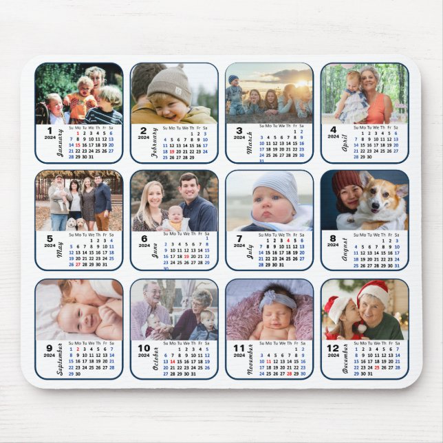 2024 Calendar 12 Family Photo Collage US Helgdagar Musmatta (Framsidan)