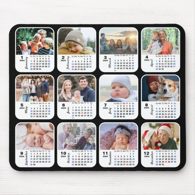 2024 Calendar 12 Family Photo Collage US Helgdagar Musmatta (Framsidan)