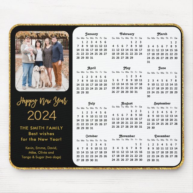 2024 Calendar Black Guld Glitter Family Photo Musmatta (Framsidan)