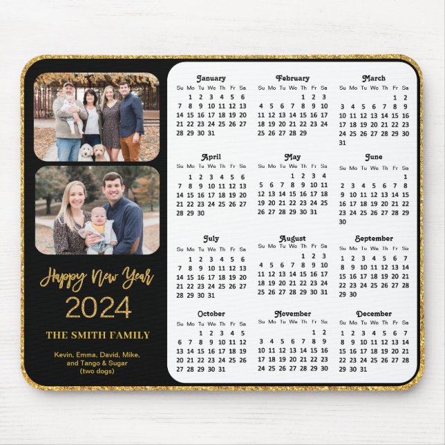 2024 Calendar Black Guld Script 2-familjfoto Musmatta (Framsidan)