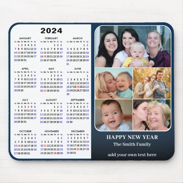2024 Calendar Blue Family Photo Collage US Helgdag Musmatta (Framsidan)