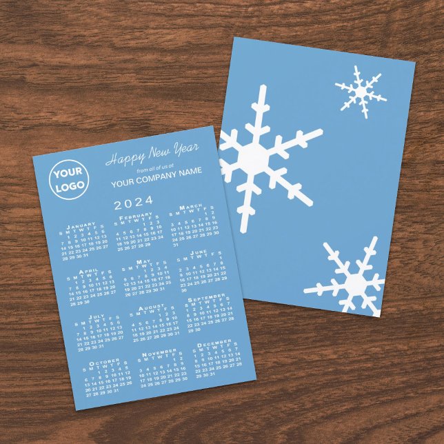 2024 Calendar Business Logotyp Light Blue Snowflak Julkort (Front and Back)