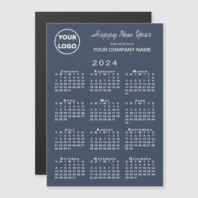 2024 Calendar Business Logotyp Navy Helgdag Magnet (Fram/baksida)