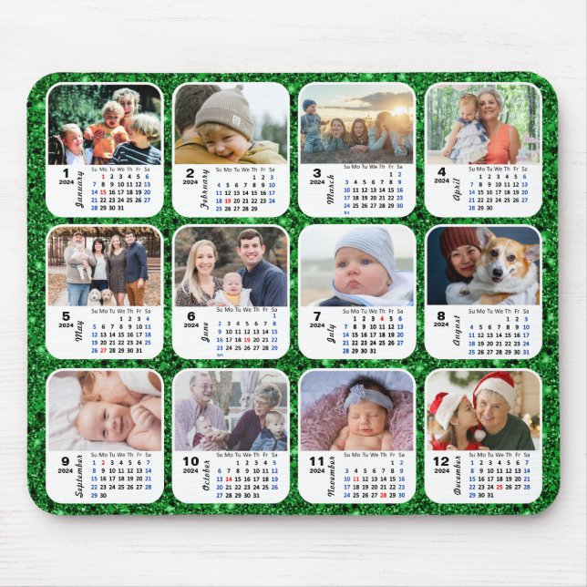 2024 Calendar Grönt Glitter Family Photo Collage Musmatta (Framsidan)