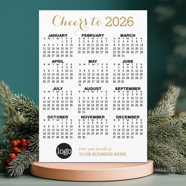 2024 Calendar Guld White Business Logotyp Julkort (2026 Calendar on a Holiday Business Card)