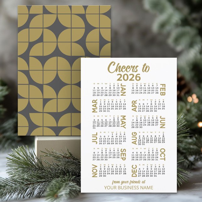 2024 Calendar MCM Guld Grått Business Namn Julkort (2026 Calendar on a Business Holiday Card)